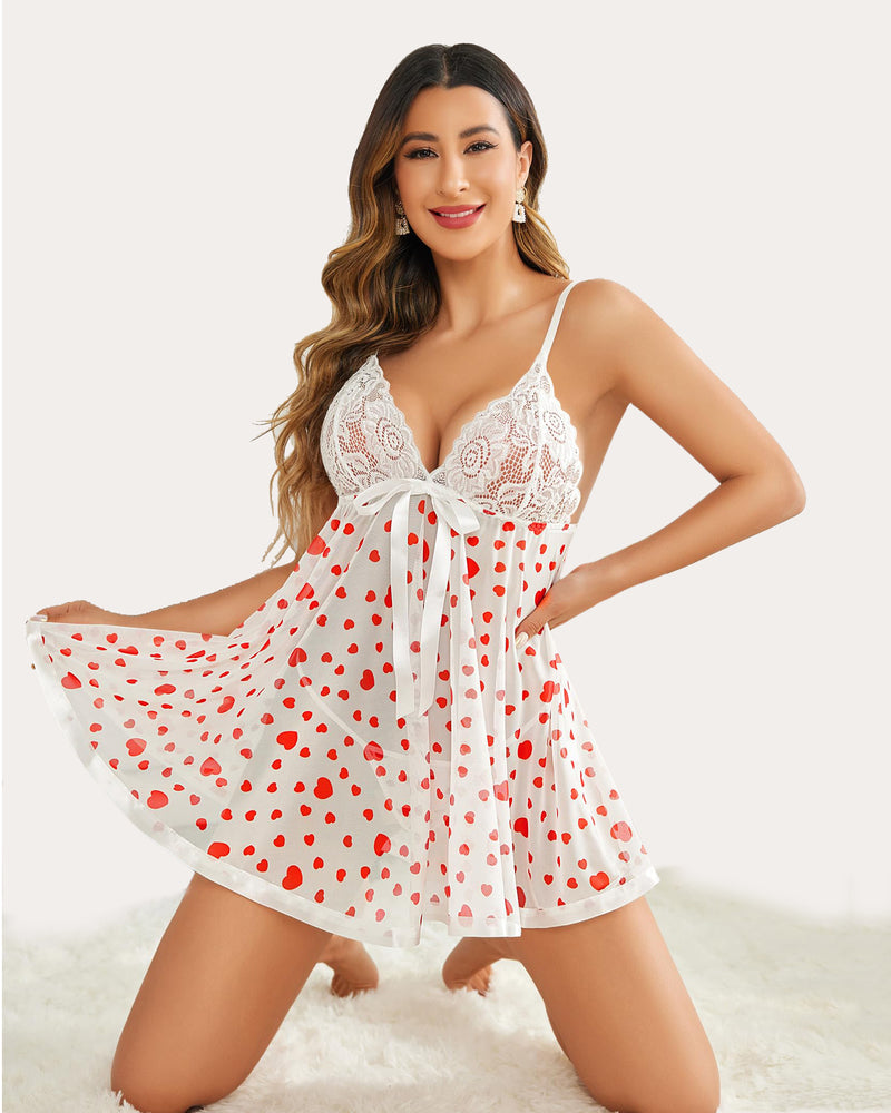White lace babydoll chemise with spaghetti straps, lace cups, and red dot print skirt