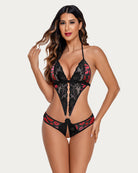 Black lace deep V mini bodysuit with red leopard trim and lace center panel