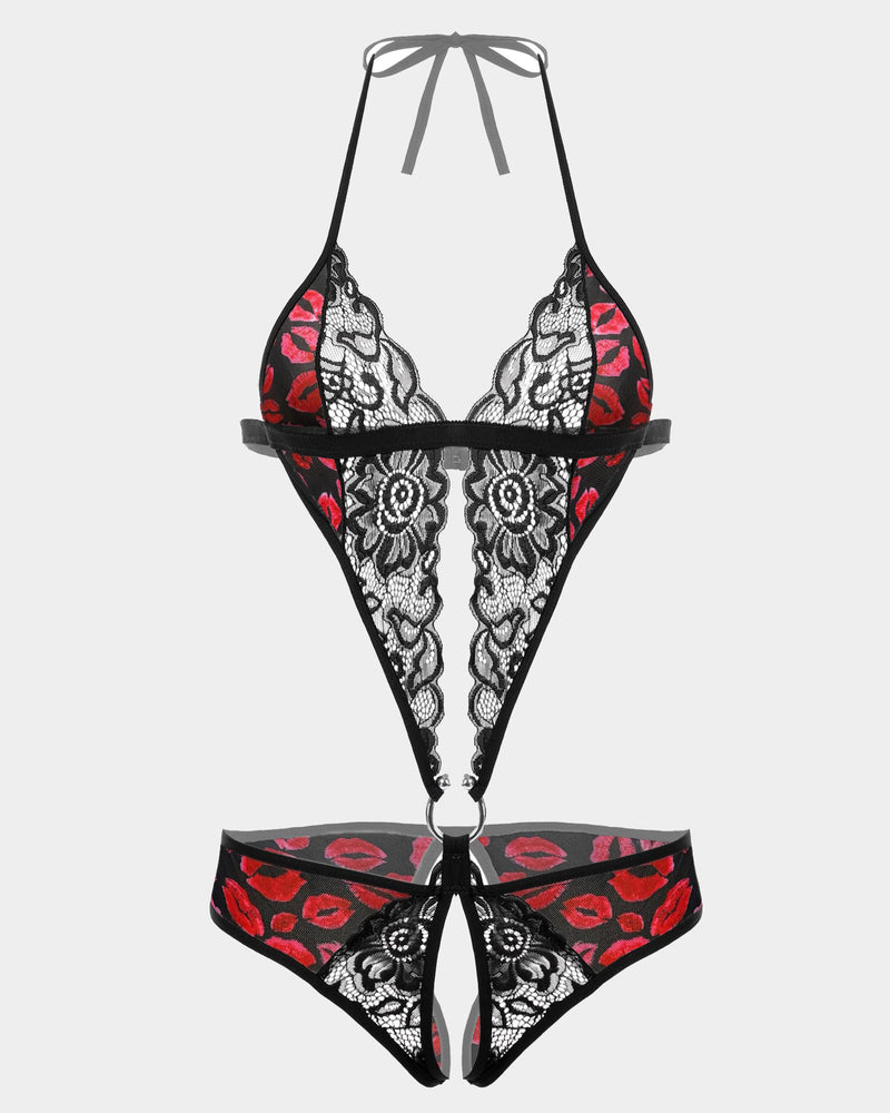 Lace mini bodysuit with deep V neckline, red leopard-style print trim, black thong back