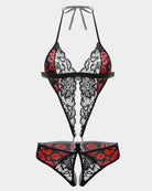 Lace mini bodysuit with deep V neckline, red leopard-style print trim, black thong back