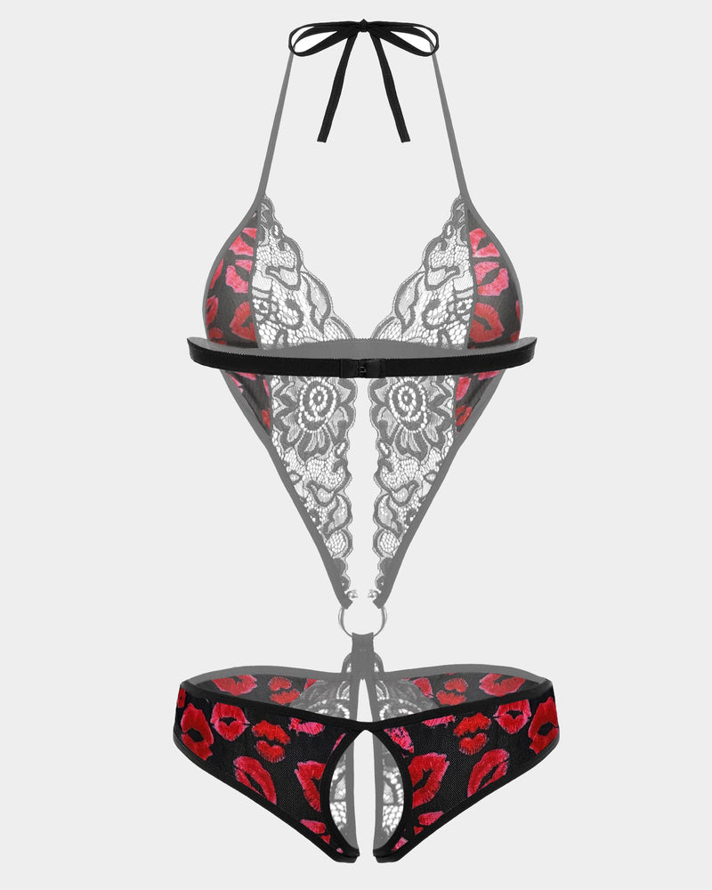 Lace mini bodysuit with deep V front, red and black print trim, lace thong bottom