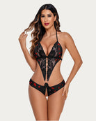 Black lace deep V mini bodysuit with red leopard print trim and lace-up detail