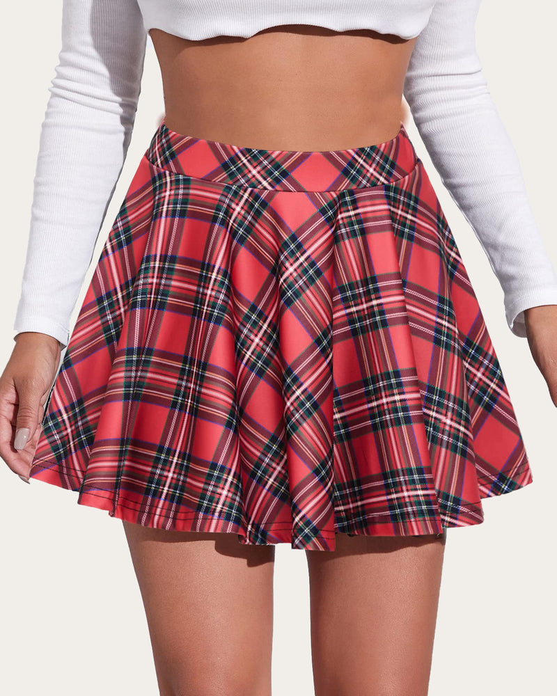 High-waist A-line plaid skirt in red with green and blue lines, flared hem
