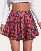 High-waist A-line skirt in red plaid with pleated, flared panels