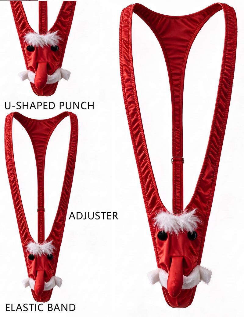 Red reindeer mankini thong with adjustable straps, elastic bands, and novelty face detail