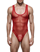 Red sheer mesh thong bodysuit with matching red trim, low-cut front