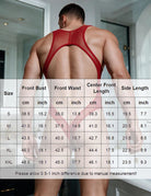 Red sheer mesh thong bodysuit with open back and racerback straps