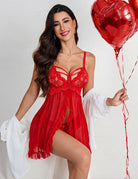 Red babydoll chemise with floral lace cups, sheer skirt and ruffled hem