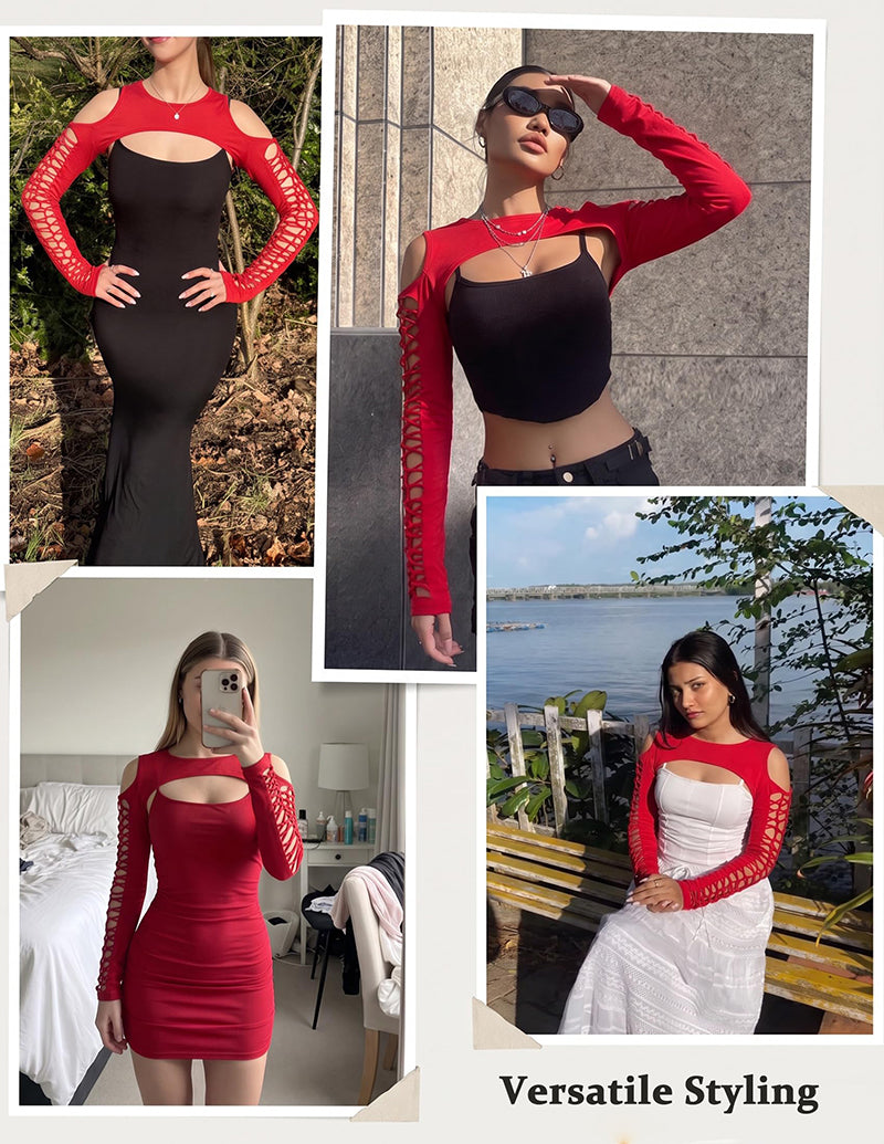 Red cut-out fishnet shrug crop top with long sleeves and lace-up side panels