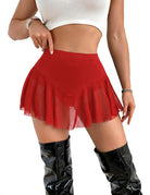 Red sheer mesh mini skirt with a solid V-shaped waistband and ruffled hem