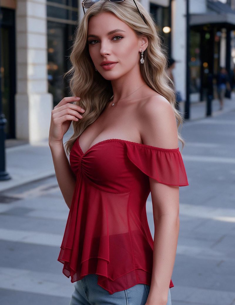 Red sheer mesh top with off-shoulder flutter sleeves and a layered hem