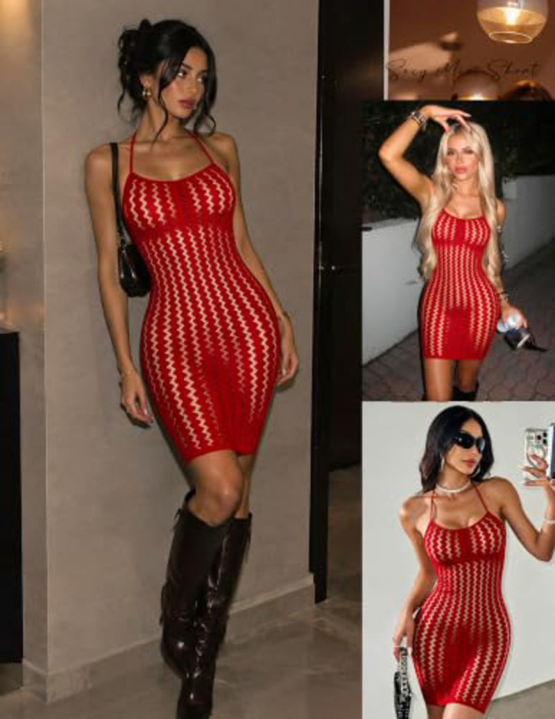 Red fishnet halter mini dress with zigzag pattern, shown from the front