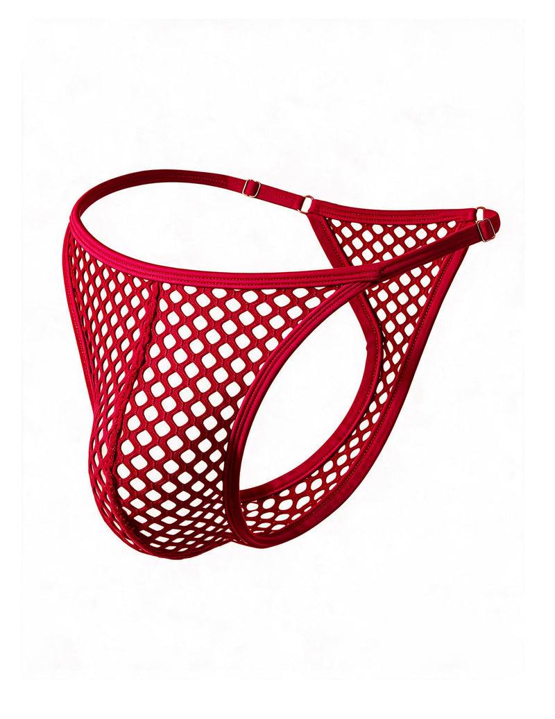 Red fishnet mesh G-string thong with adjustable side straps