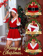 Red velvet mini dress with V-neck, white trim, hood, and black belt
