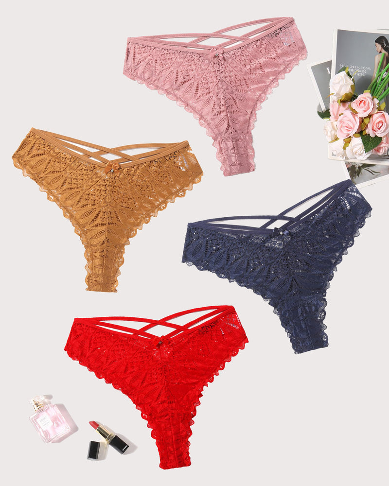Lace cheeky panties set with criss-cross waist straps in pink, tan, navy, and red
