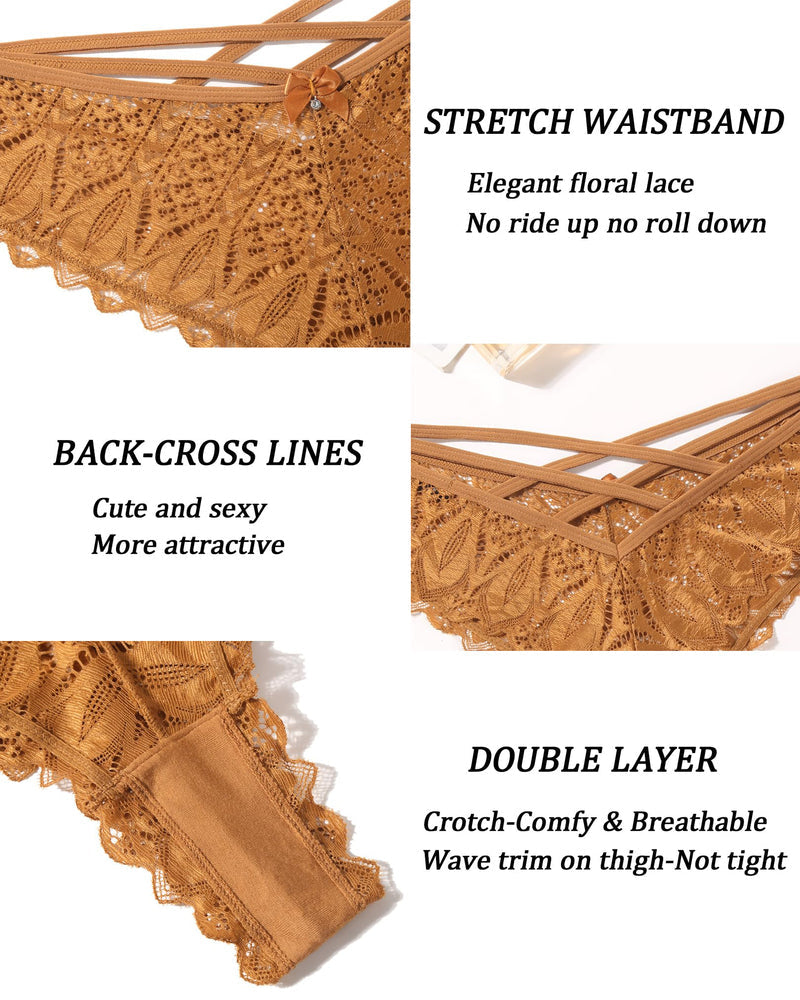 Tan lace cheeky panties with criss-cross back lines and scalloped lace trim