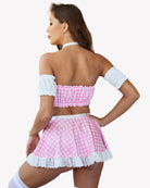 Pink gingham maid set with white lace trim, choker, off-shoulder top, flared skirt