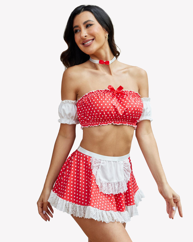 Red polka-dot satin maid set with white lace trim, bow choker, off-shoulder top, skirt