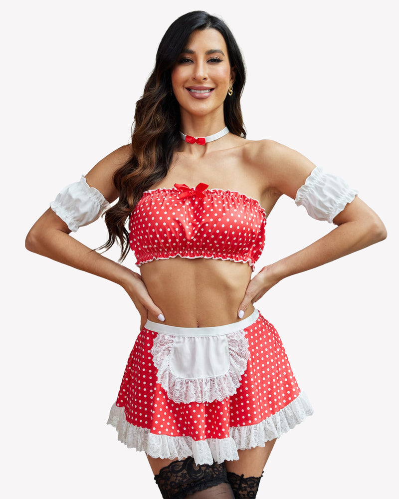 Red polka-dot maid set with bow choker, lace-trim off-shoulder top, ruffled skirt