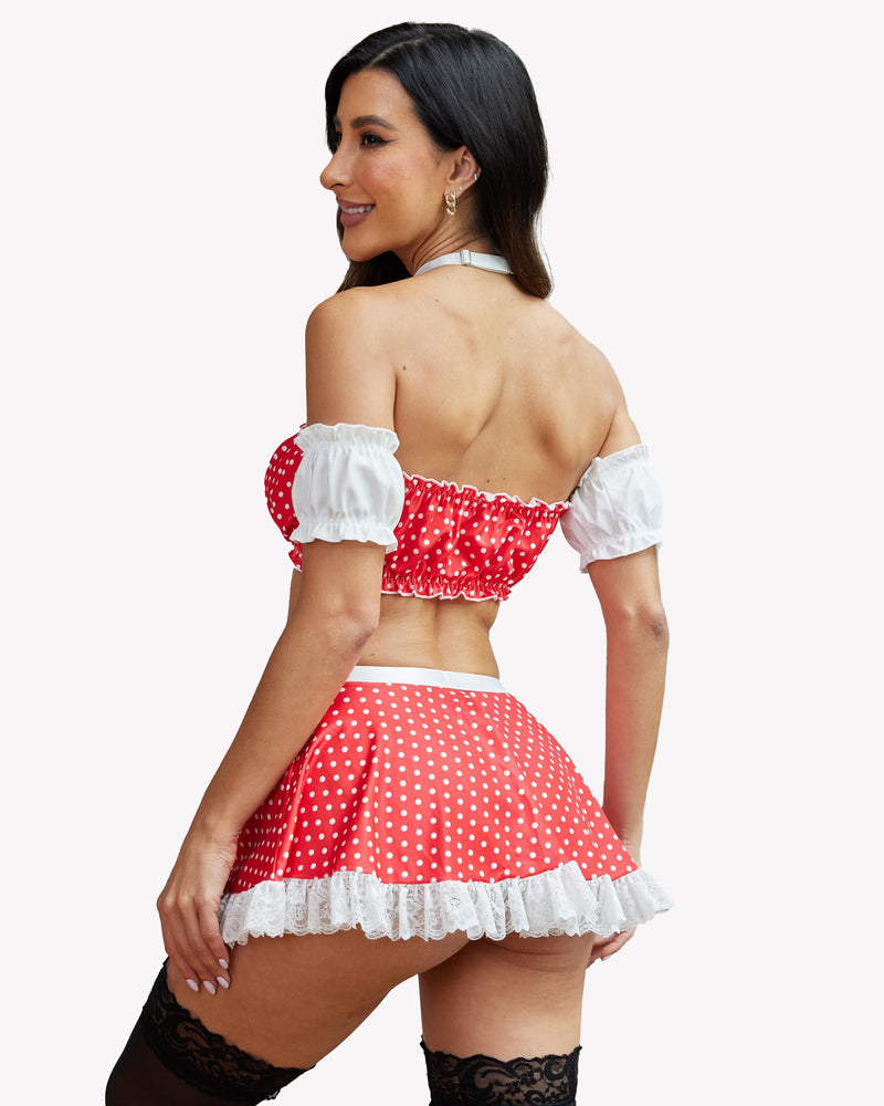 Red polka-dot lace maid set with off-shoulder white sleeves, skirt, and lace stockings