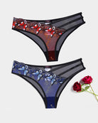 Maroon and blue mesh thong set with black side straps and floral embroidery