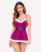 Velvet chemise lingerie set in fuchsia with white faux-fur trim, padded cups, and waist belt