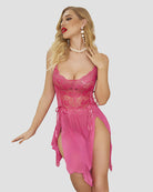 Pink lace babydoll dress with thin straps, sweetheart neckline, draped side ties