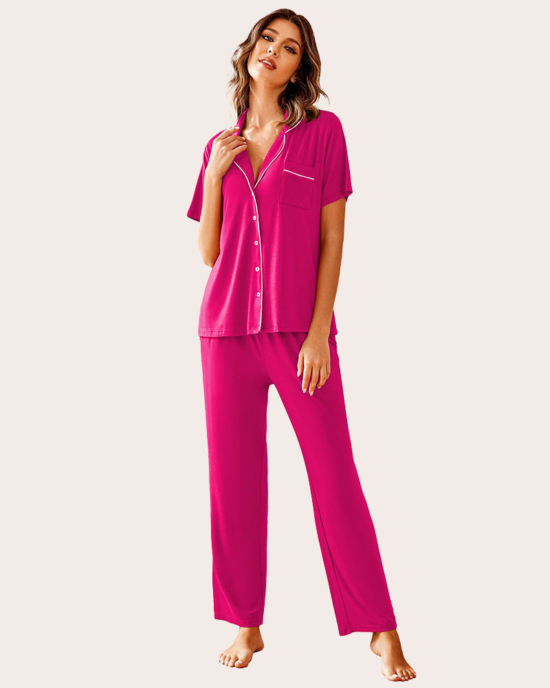 Pink pajama set with short-sleeve button shirt and long pants