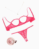 Cupless lace bra and panty lingerie set in bright pink with ruffled bra band