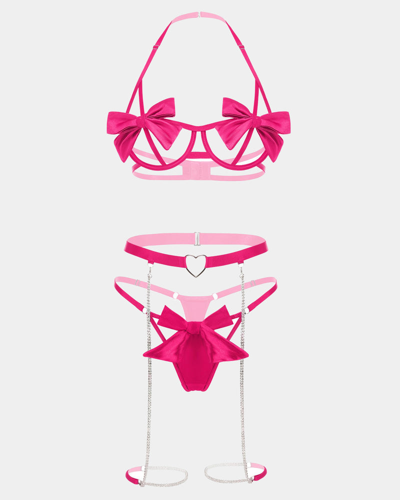 Pink bow bra and thong panty set with ribbon bows, heart choker, and chain garters