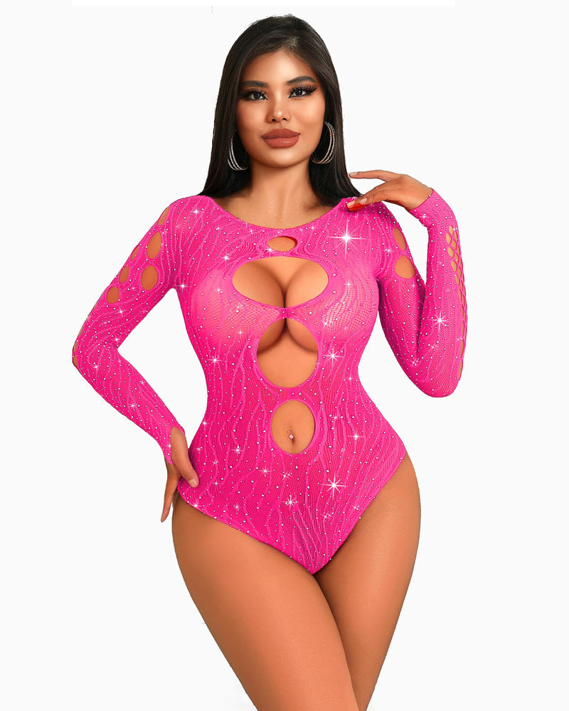 Pink rhinestone mesh bodysuit with long sleeves and backless cutout front