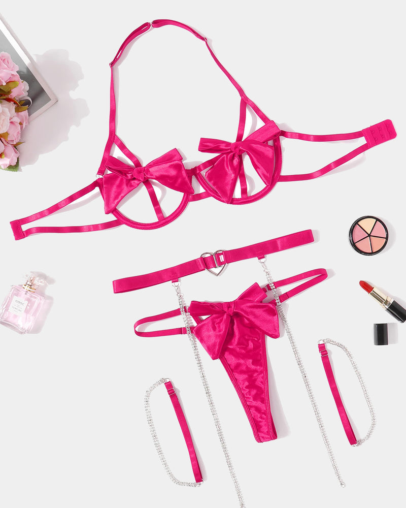 Hot pink bow bra and thong panty set with ribbon bows and chain garter straps