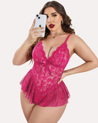 Plus size lace teddy bodysuit in pink with lace cups and ruffled tulle hem