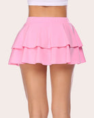 Pink pleated mini ruffle lingerie skirt with multiple layered flounces