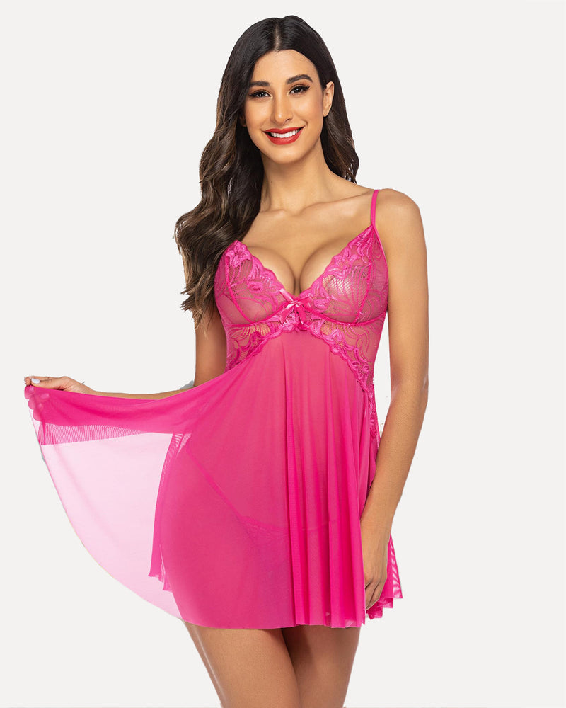 Pink lace babydoll with underbust bow detail and pleated sheer skirt