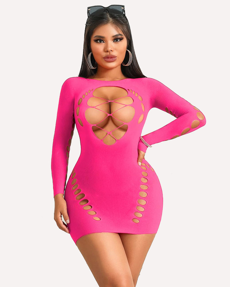 Pink mesh mini dress with long sleeves and geometric cutout front and side panels