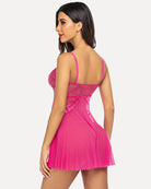 Pink lace babydoll with back spaghetti straps and flared pleated sheer skirt