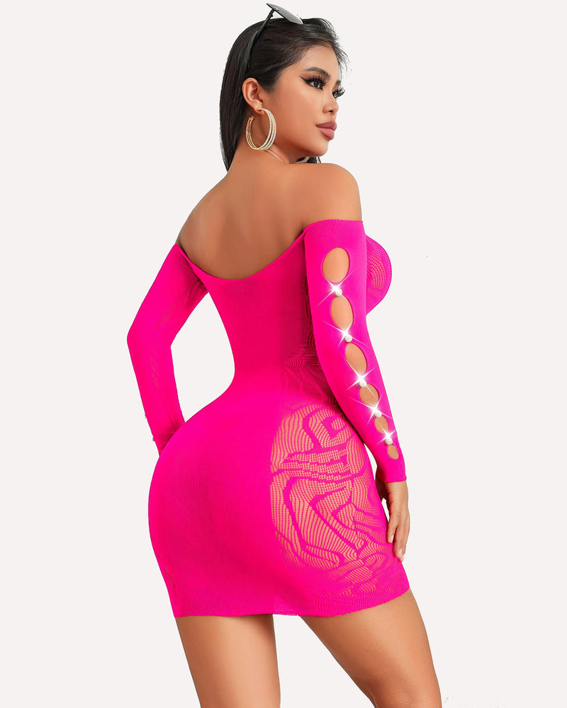 Rose red off-shoulder fishnet bodycon mini dress, back view with oval cutout panels