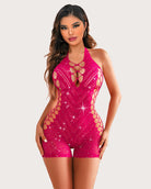 Fuchsia sparkle rhinestone cut-out romper with lattice neckline and side mesh panels