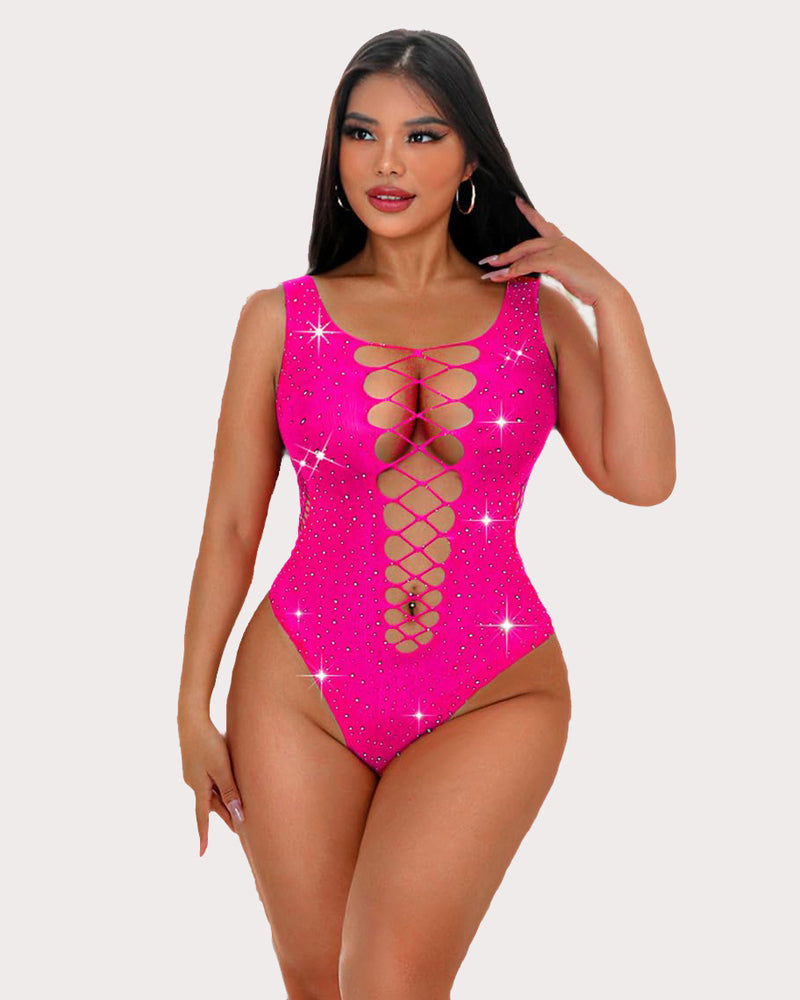 Pink mesh fishnet rhinestone bodysuit with lace-up front and high-cut legs.