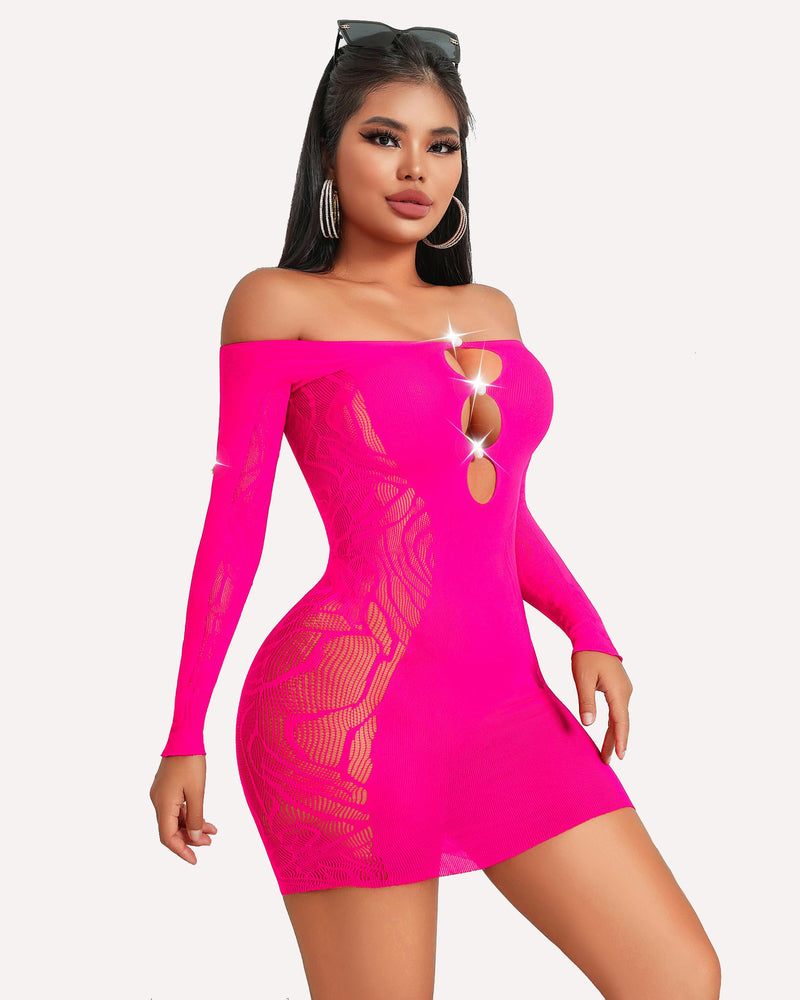 Rose red off-shoulder fishnet bodycon mini dress with long sleeves and oval cutouts
