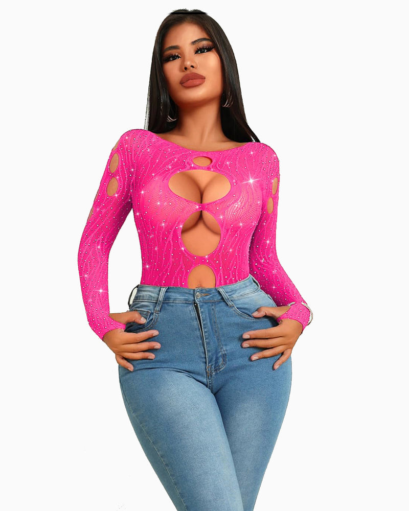 Pink rhinestone mesh bodysuit top with long sleeves and oval chest cutouts