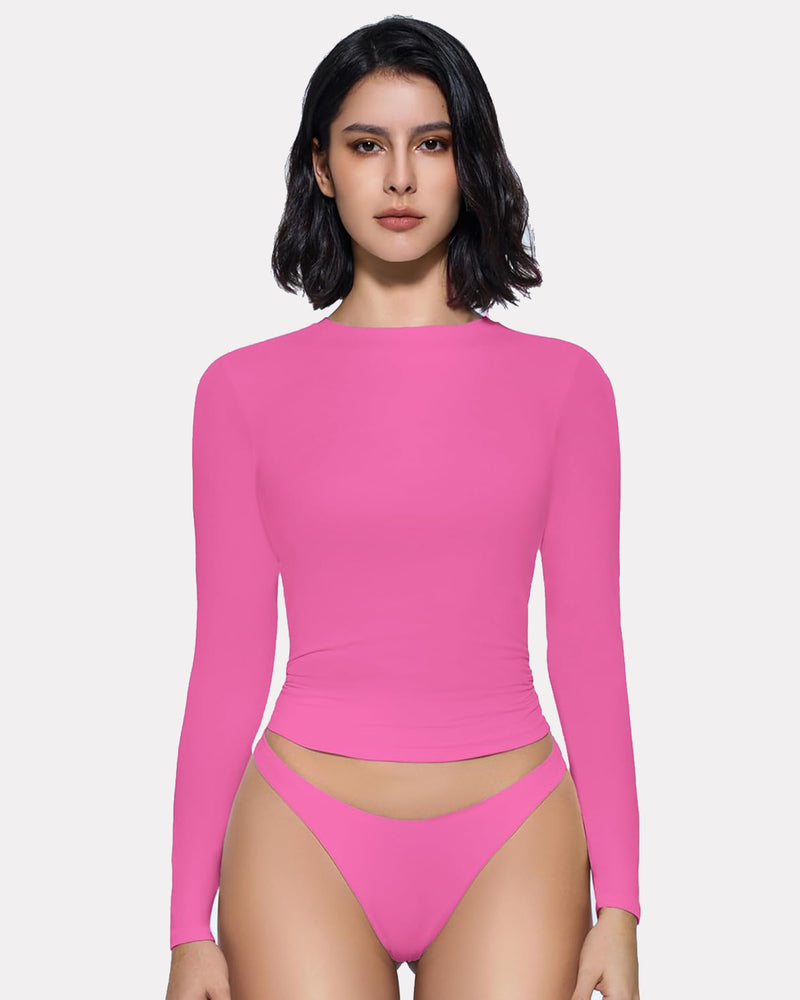 Pink double-lined long-sleeve crew-neck top with thong-style underwear set