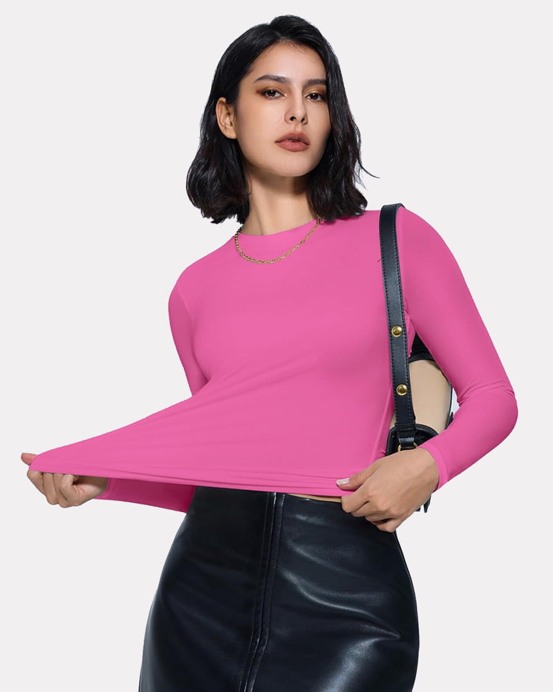 Pink fitted long-sleeve crew-neck top with thong-style underwear set