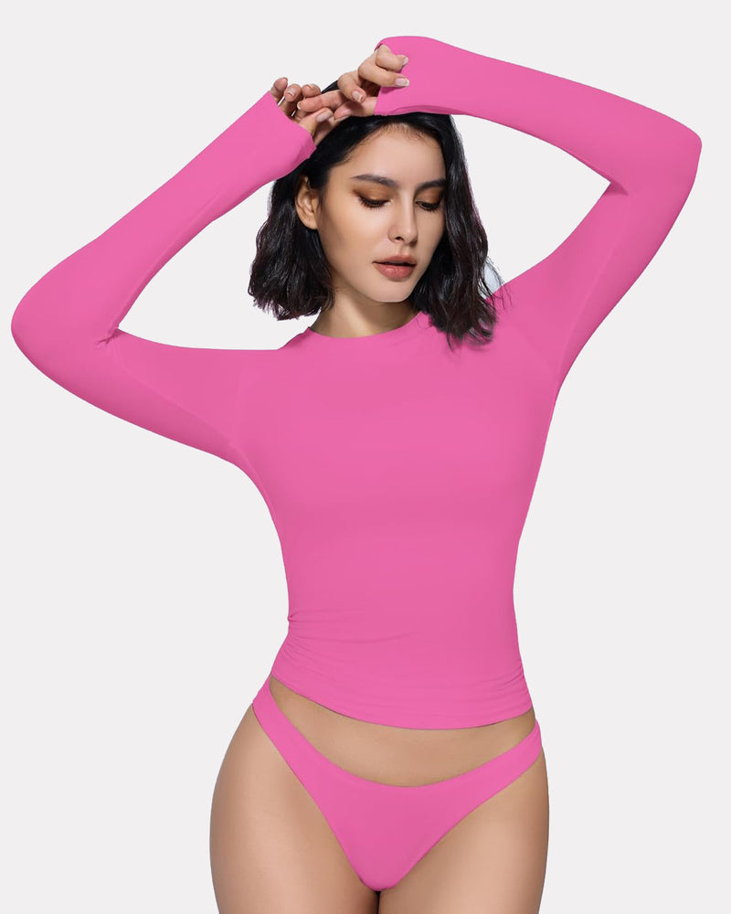 Pink long-sleeve crew-neck top with thong back underwear, front view