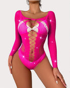 Rose pink rhinestone fishnet mesh bodysuit with long sleeves and vertical lace-up panel
