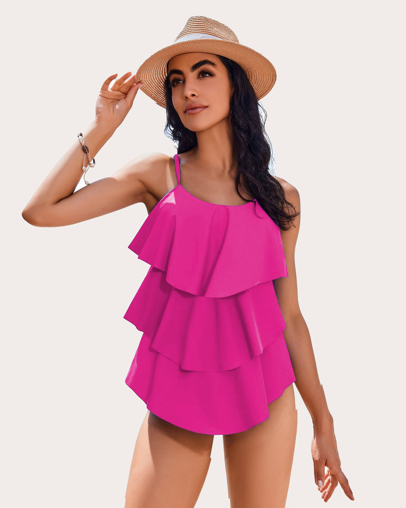 Pink ruffle layered two-piece swimsuit with tiered flutter top and thin straps