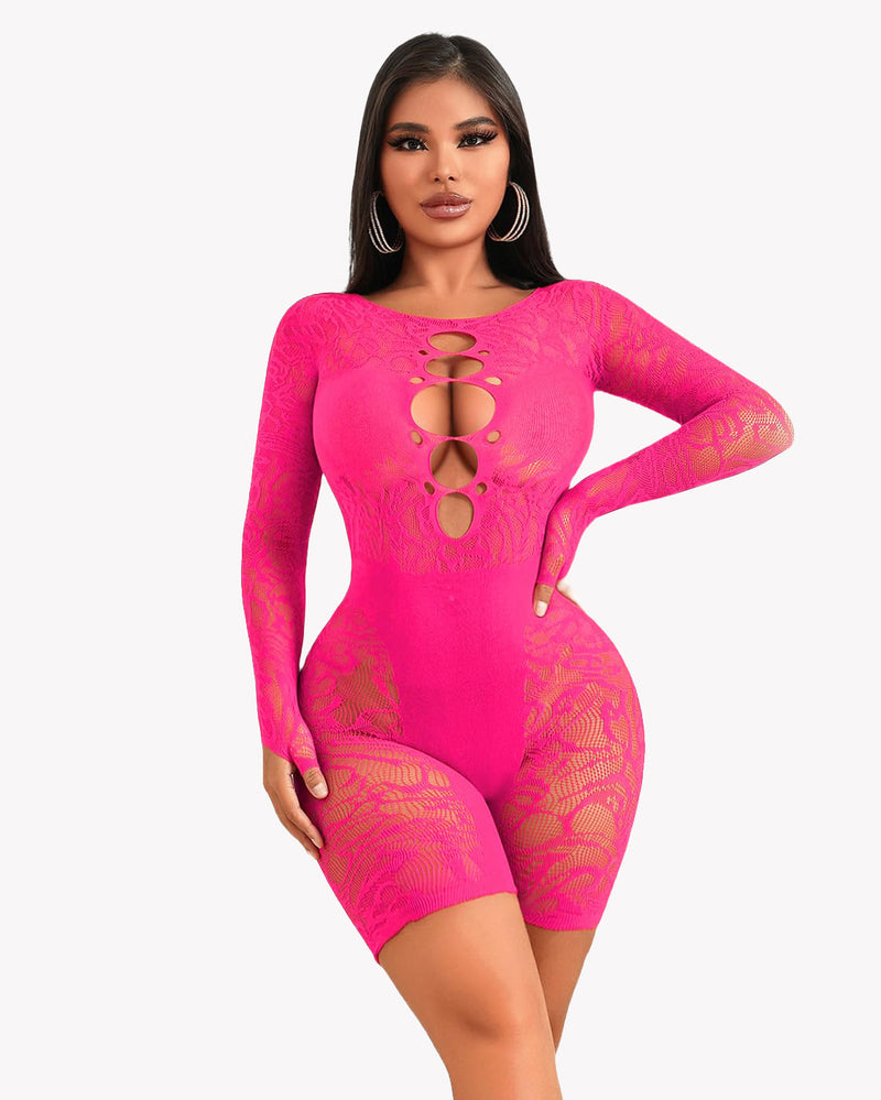 Pink fishnet teddy bodysuit with long sleeves and oval cut-outs at the chest