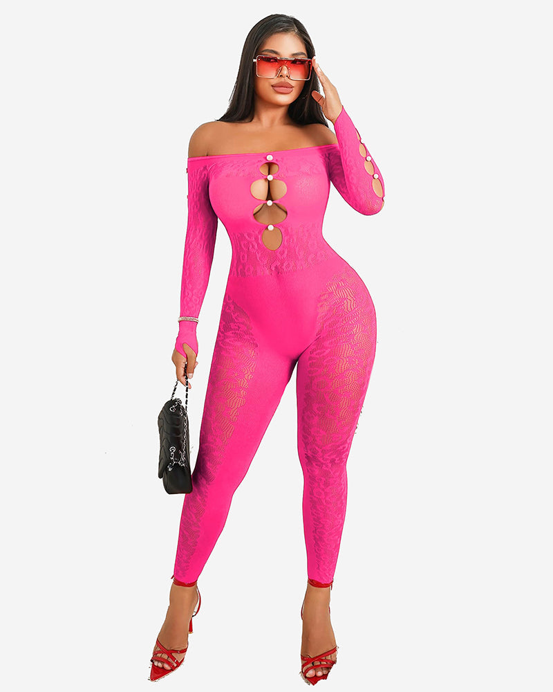 Rose red fishnet off-shoulder bodysuit, long sleeves, gold ring accents, fitted lace panels