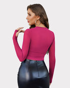 Purple sheer mesh long sleeve crop top, back view with crew neck